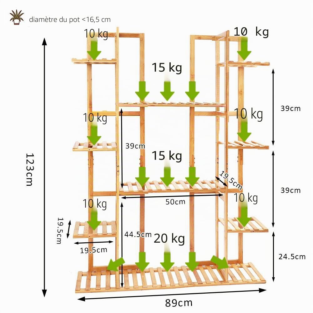 medla Étagère Plante Bambou, Porte Plante Multi-Fonction à 9 Tablettes, Support Pot de Fleurs Design Vertical, Idéal Pour Maison Balcon Terrasse Jardin Bureau Café - 123x89x19.5cm, Charge Max 95kg