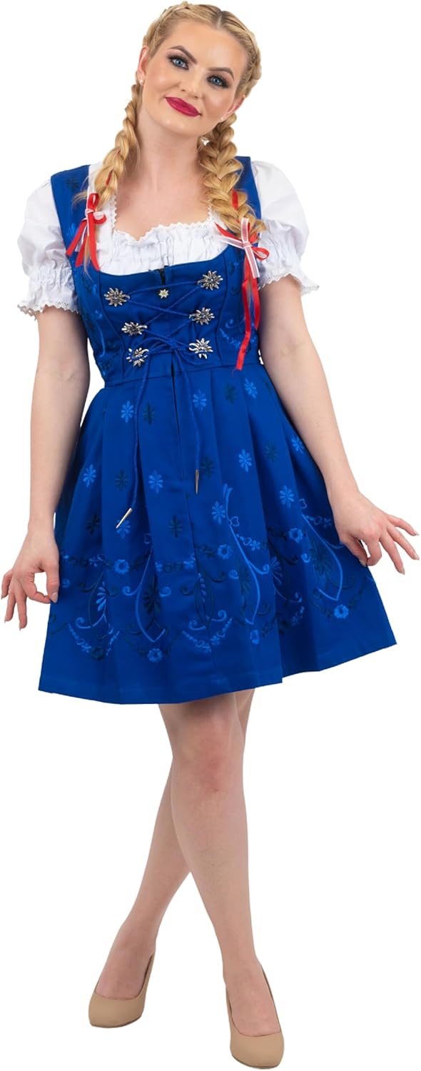 Dirndl Trachten Haus 3-Pcs Short Blue Women's German Dirndl Dress For Oktoberfest And Halloween - Image 3