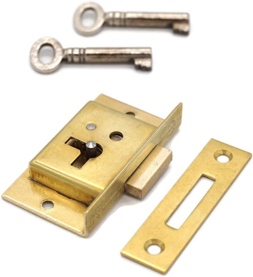 Half Mortise Chest Lock Half Mortise Cabinet Furniture Lock Premium Quality Made of Heavy Duty Brass - Small Antique Lock - with Cast Brass Strike Plate - 2 Keys - Drawer Locks and Left-Hand Doors