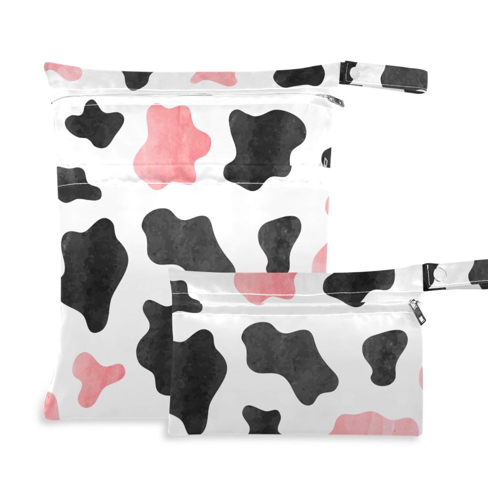 susiyo 2 Pcs Wet Dry Bag Cow Pink Black Waterproof Reusable Baby Cloth Diaper Wet Bags with 2 Zipper Pockets for Breast Pump Parts Travel Beach Pool Gym Yoga Swimsuits Wet Clothes