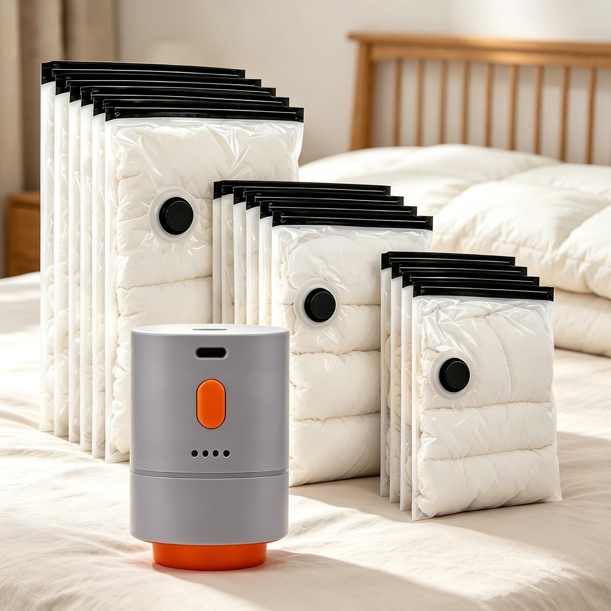 Set di sacchetti sottovuoto con pompa senza fili, 12 pezzi (4 x 40 x 60, 4 x 50 x 70, 4 x 60 x 80 cm), pompa per sottovuoto elettrica ricaricabile, 1800 mAh, sacchetti salvaspazio per vestiti, viaggi