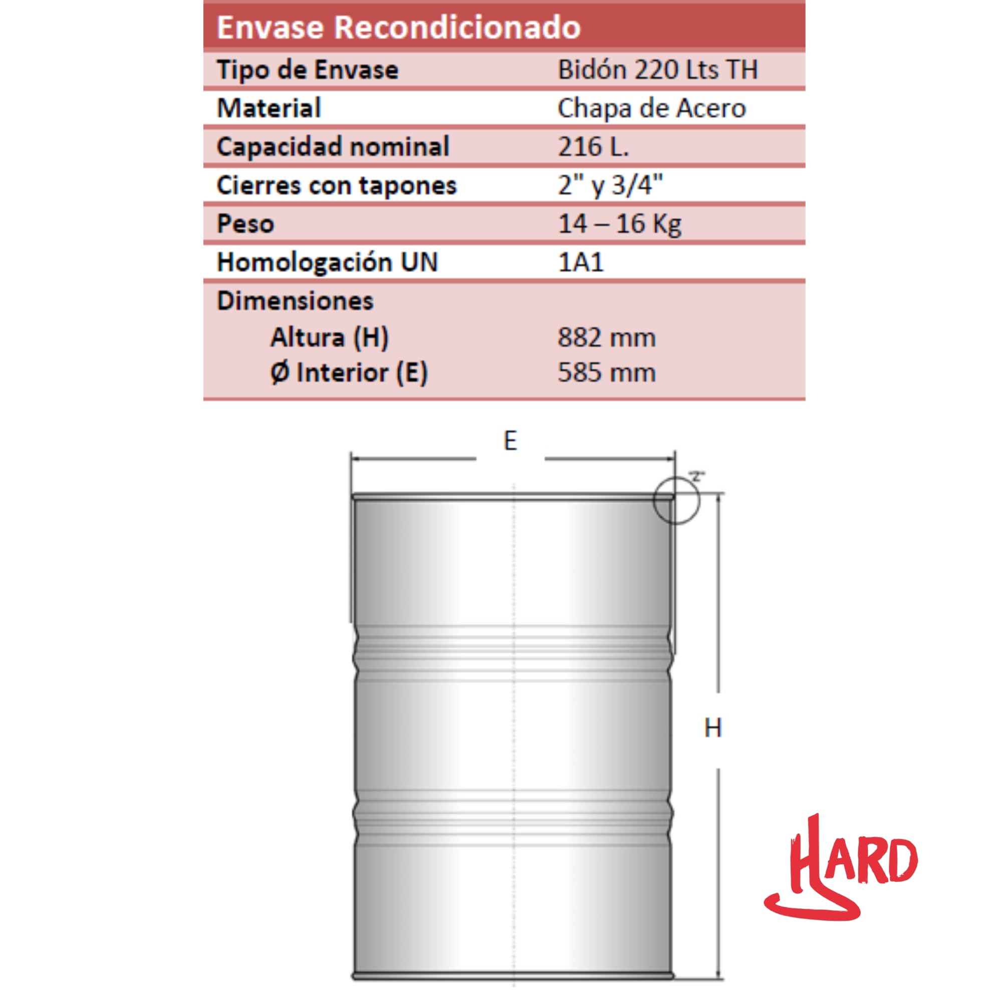Bidón 200 litros HARD metálico homologado para transporte de productos peligorosos ADR 2 bocas chapa de acero reacondicionado