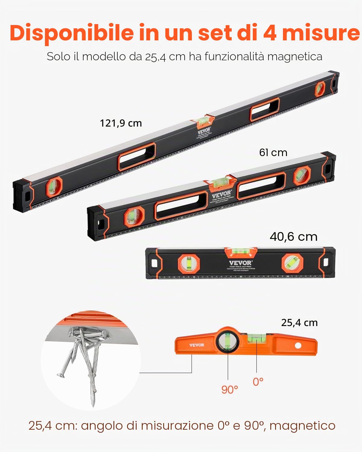 VEVOR 4-Pezzi Set Livello Torpedo, 250/400/600/1200 mm Livelle Scatola, Fluorescente Luce Up Bolla Fiale Righello per 45/90/180 Gradi, Lega di Alluminio, Antiurto, Solo 250mm Magnetico