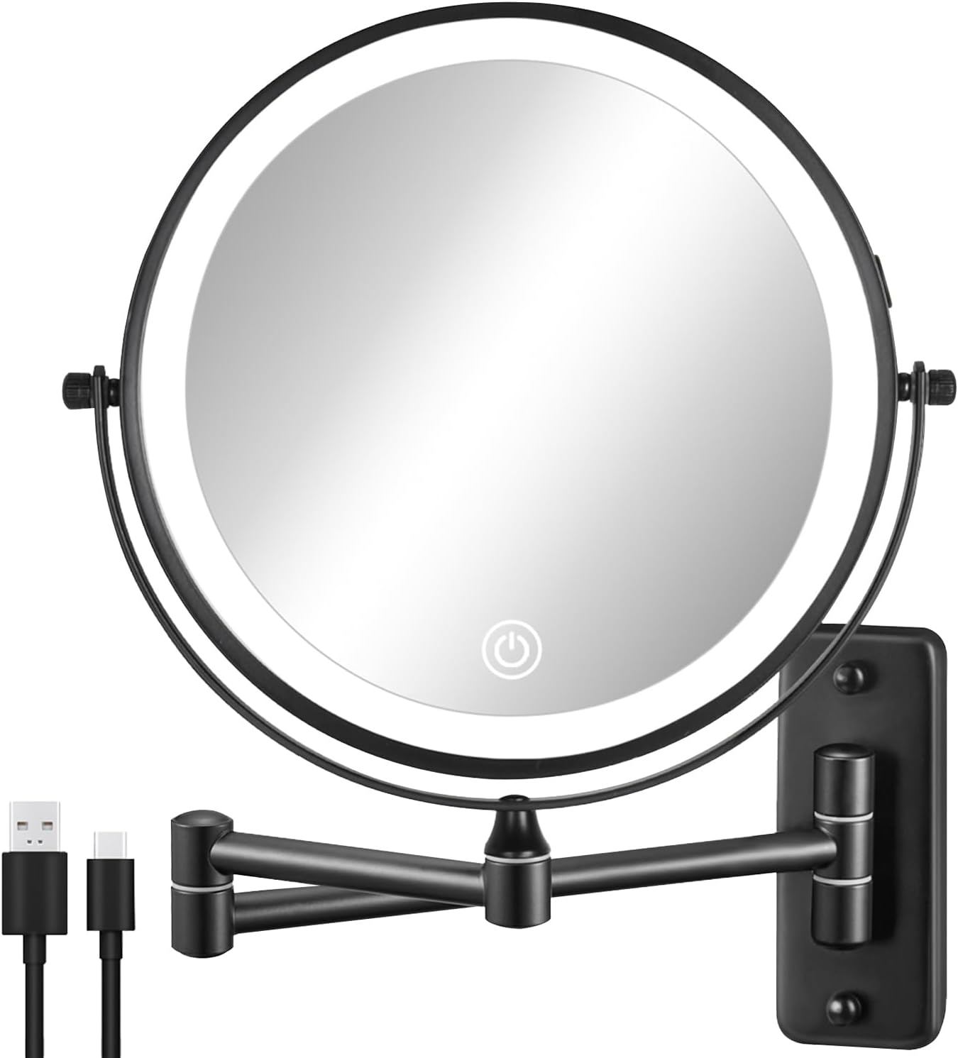 DECLUTTR Wall Mounted Lighted Makeup Mirror, 8" Rechargeable Double Sided 1X/10X Magnifying Mirror with Light, 3 Color Lights, Touch Dimmable, 360° Rotation Foldable Extended Arm, Black