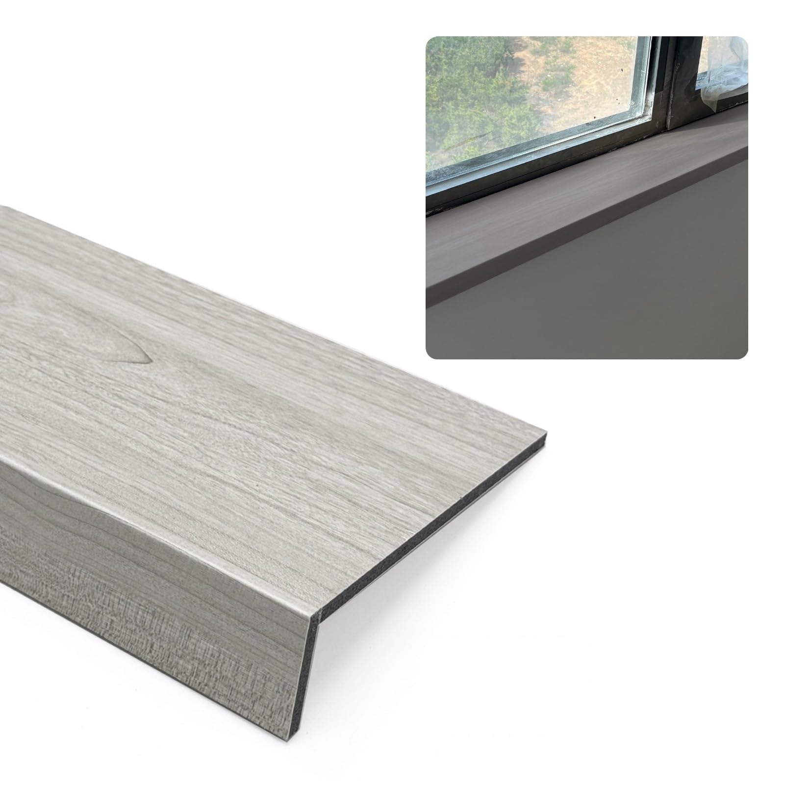 Cubierta para alféizar de ventana con vetas de madera gris para sala
