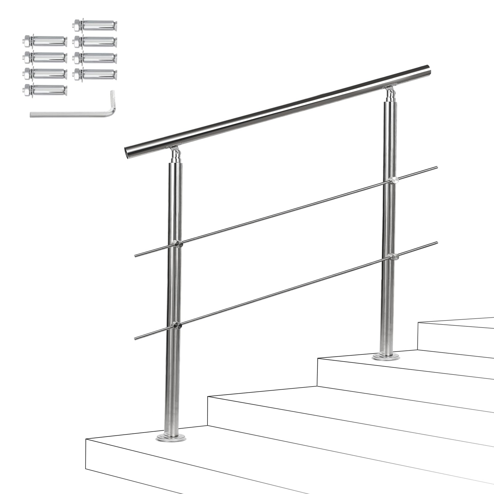 Fiqops Stainless Steel Handrail for Stairs Outdoor and Indoor 160 cm with 2 Crossbars Ø 42 mm with Accessories, Adjustable Angle for Stairs, Garden, Home Entrance