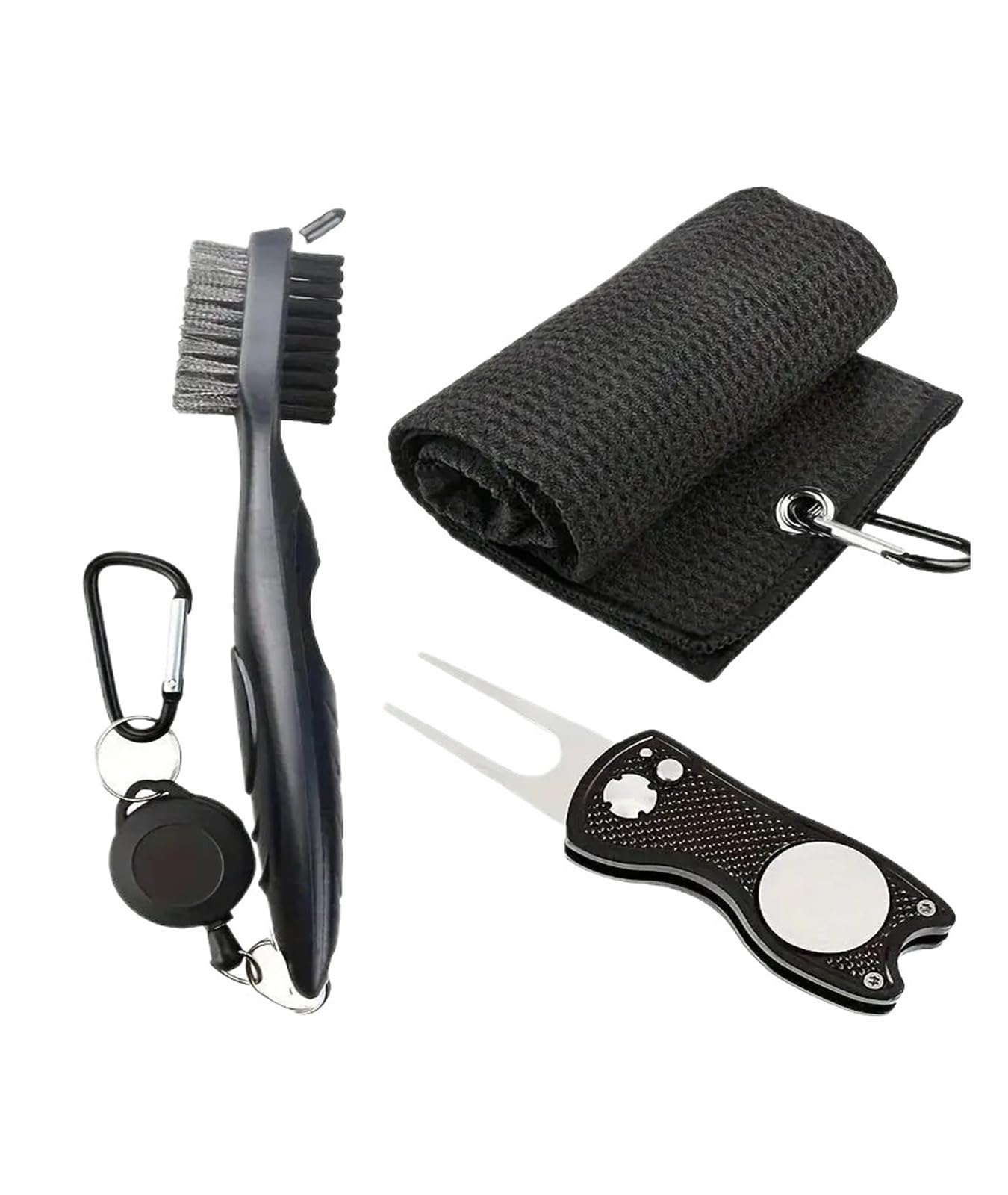 1 Stück schwarzes Golfhandtuch aus Mikrofaser mit Waffelmuster (30 x 50 cm, 12 x 20 Zoll) | Club Groove-Reinigungsbürste | Faltbarer Divot-Rep