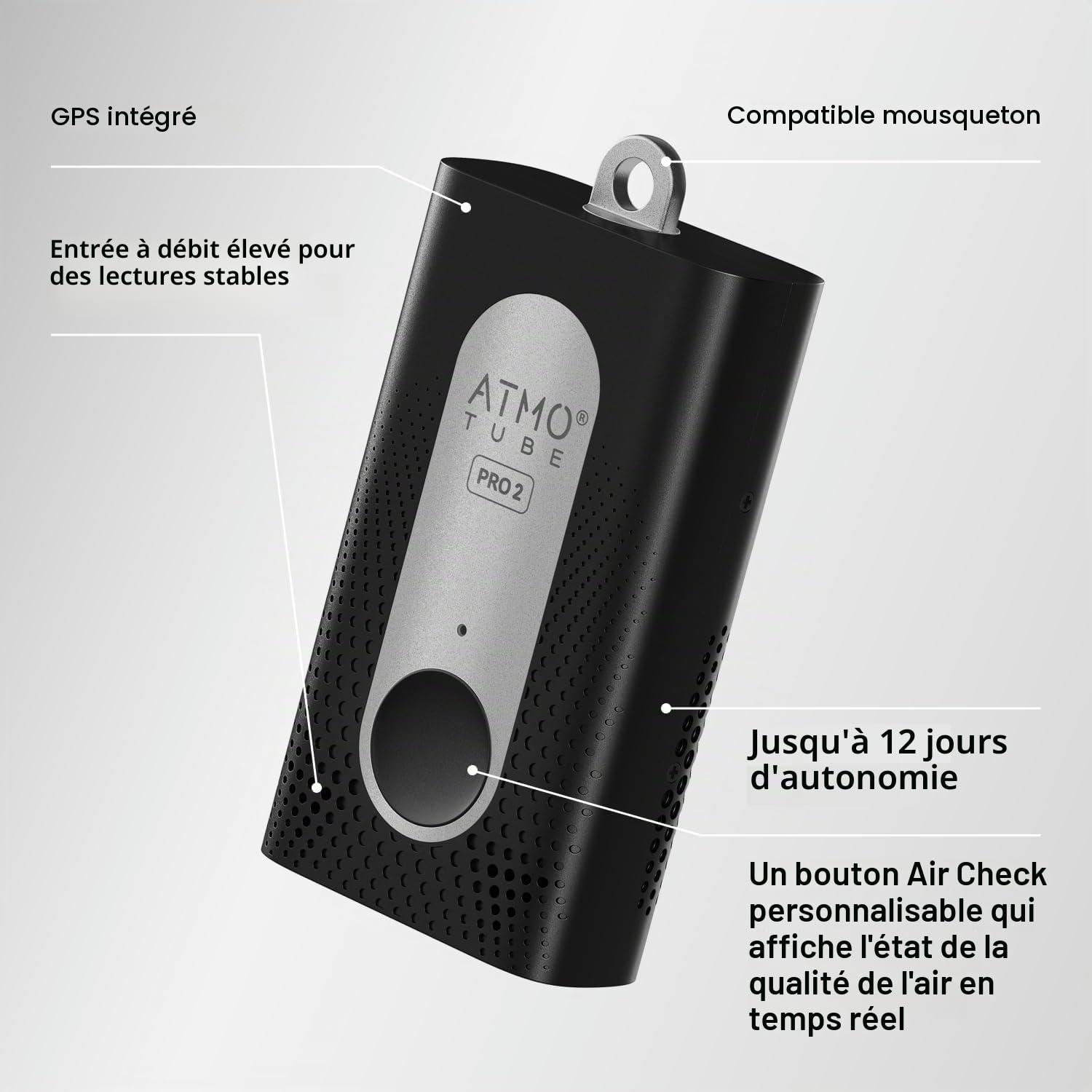 Atmotube PRO 2, Moniteur de qualité de l'air professionnel portable et alimenté par batterie pour usage intérieur et extérieur [Testeur pour PM, CO2, COV, NOx, température, humidité et pression