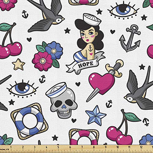 Image of Ambesonne Colorful Fabric by The Yard, Cartoon Illustrated Skulls Hearts Flowers Sparrows Cherries Eyes Anchors, Decorative Fabric for Upholstery and Home Accents, 3 Yards, Grey Magenta