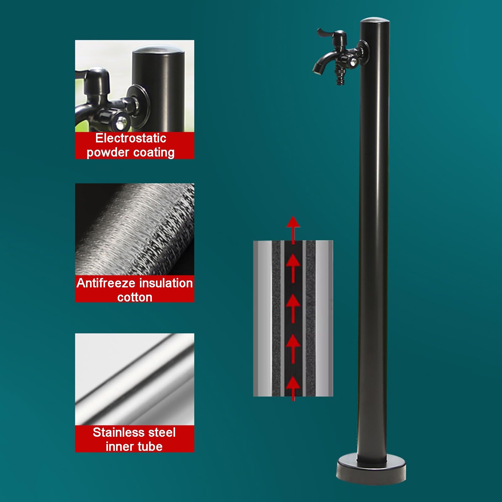 Fontana da Giardino Esterno con Rubinetto a Doppia Uscita, Colonna d'Acqua Verticale Antigelo per Esterni in Acciaio Inossidabile 304(95cm/37in)