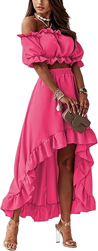 Miniatura 4 de LYANER Conjunto de dos piezas para mujer con blusa corta con hombros descubiertos y falda alta y baja