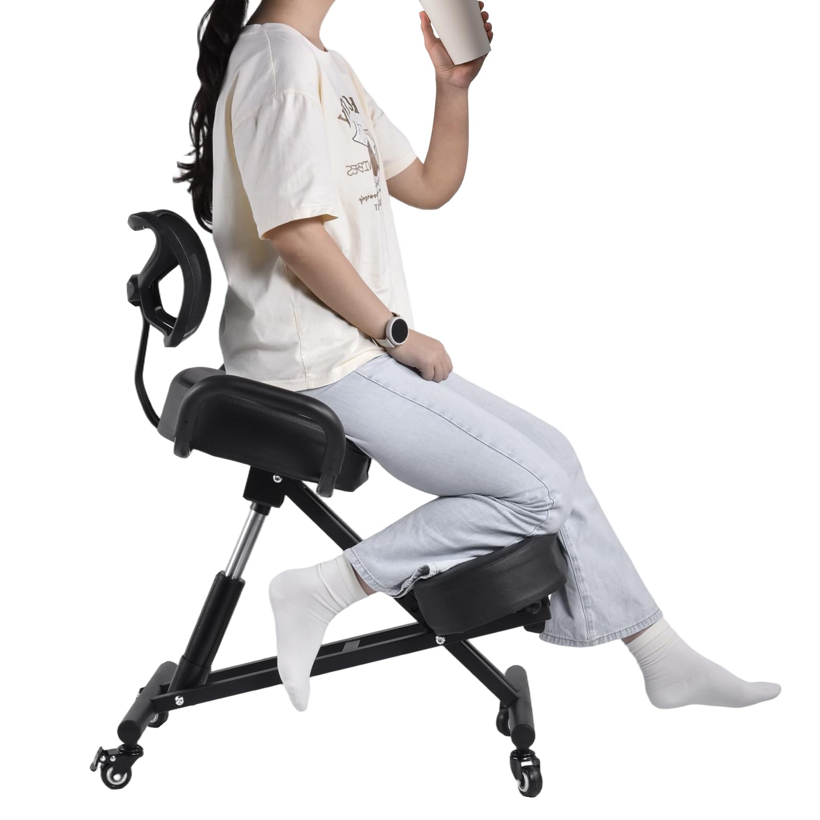 Chaise genoux ergonomique avec dossier | Hauteur réglable de 57 à 67 cm et rembourrage en maille respirante | Repose-jambes 4 positions et siège stable jusqu'à 100 kg Tabouret pour bureau, dessin et