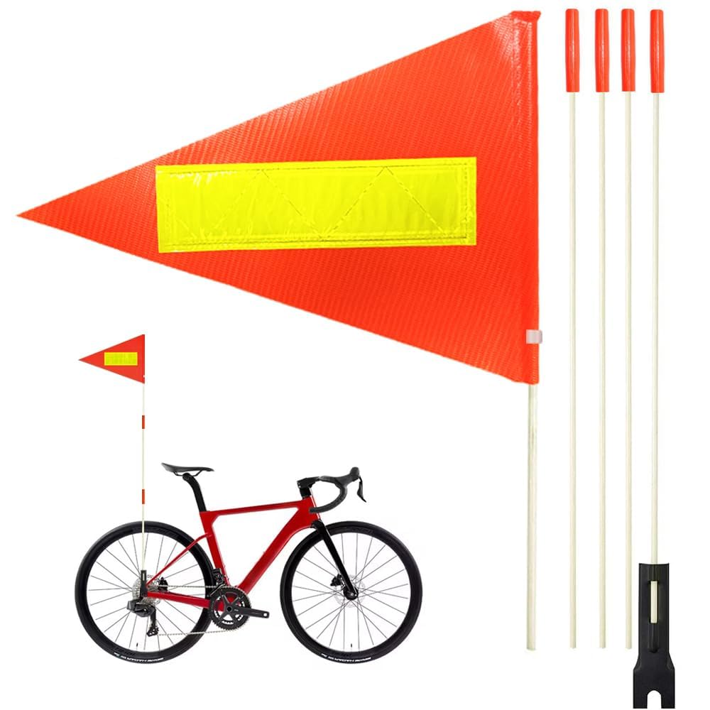 THE WHITE SHOP Bike Safety Flag with Reflective Stripe Six Foot Heavy Duty Fiberglass Pole Polyester Full Color Tear-Resistant Waterproof Orange Flag