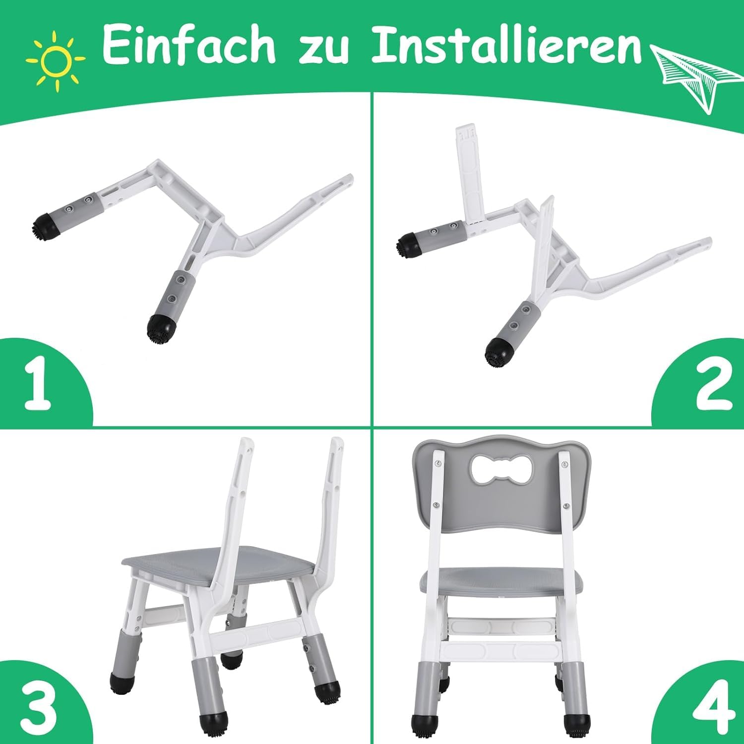 4PCS Sedia Bambini Plastica, Sedie per Bambini Regolabile in Altezza, Sediolina Portata 100kg, Sgabello da 2 Anni, Sedia da Scrivania per Bambini per la Cameretta, Scuola, Asilo Nido, Grigio