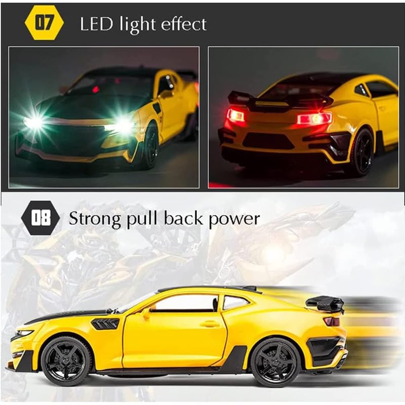 Image of Kids Model 1:32 Chevi Camro Die Cast Metal Car Pull Back Action Opening Doors with Realistic Engine Sound Lights Toy Car Gift for Boys - Multi