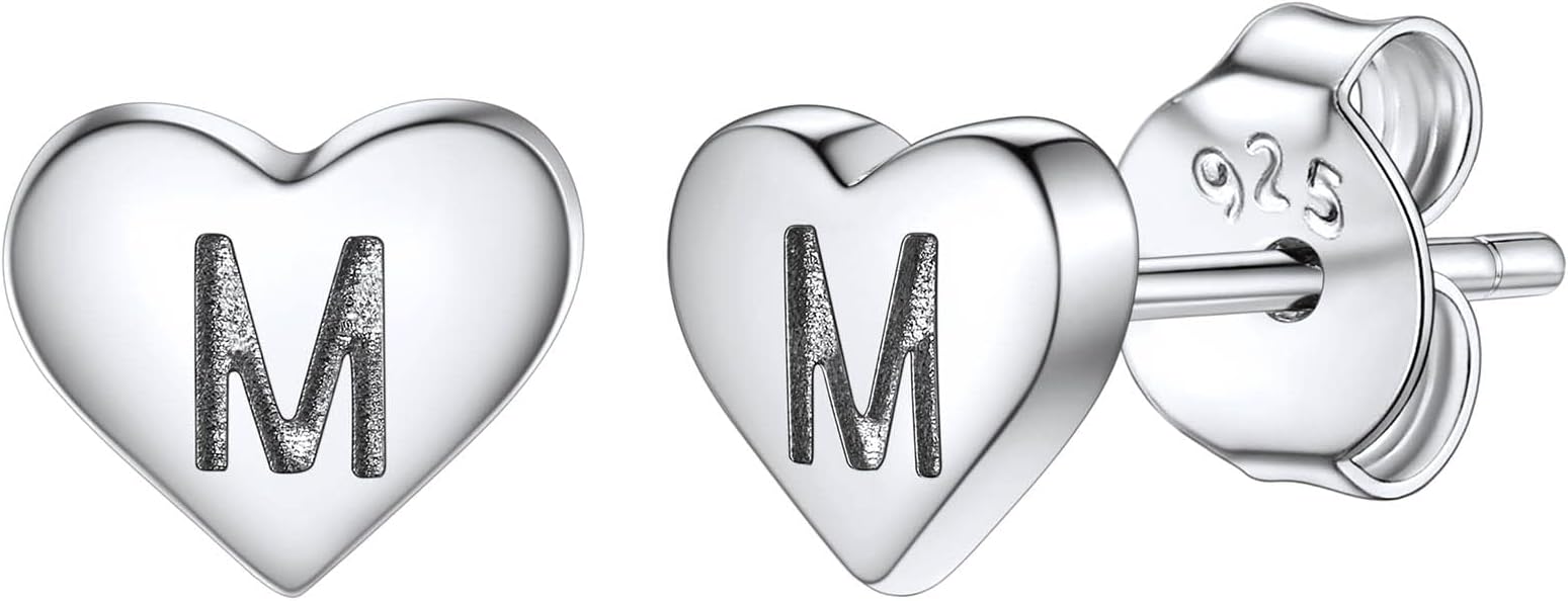 SilvoraS925 Sterling Silver Heart Studs Earrings for Women, Hypoallergenic 26 Initial Letter A-Z Small Tiny Earrings for Girls Ladies Mum Daughter Sisters Friends Lover Silver Jewellery with Gift Box