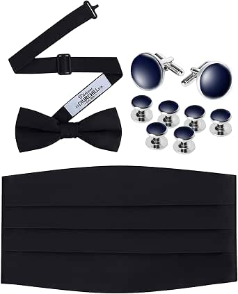 Men's 100% Silk Pre-Tied Bow Tie, Cummerbund, Cufflinks & Studs Set for Tuxedo, Weddings, and Formal Events