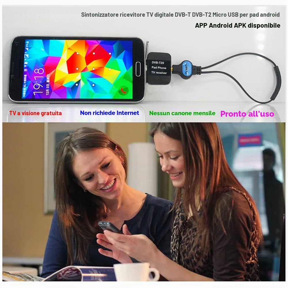 KUNFINE Sintonizzatore TV DVB-T2 Micro USB Per Android: Guarda La TV In Diretta Sul Tuo Smartphone O Tablet