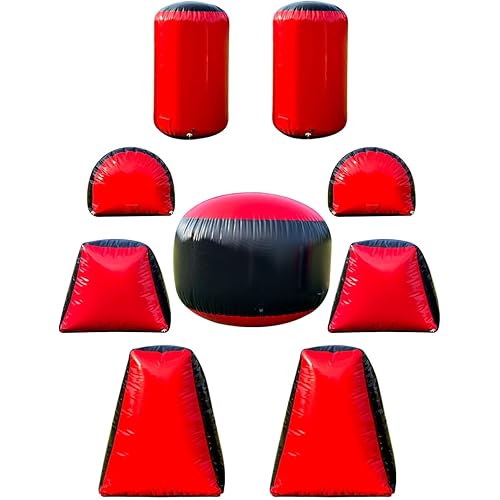Inflatable Air Archery Bunker Set with Pump for Paintball, Airsoft, Archery Tag, Laser Tag, Soft Foam Dart Toy Rifle, Water Gun (9 Pieces,Black and Red)