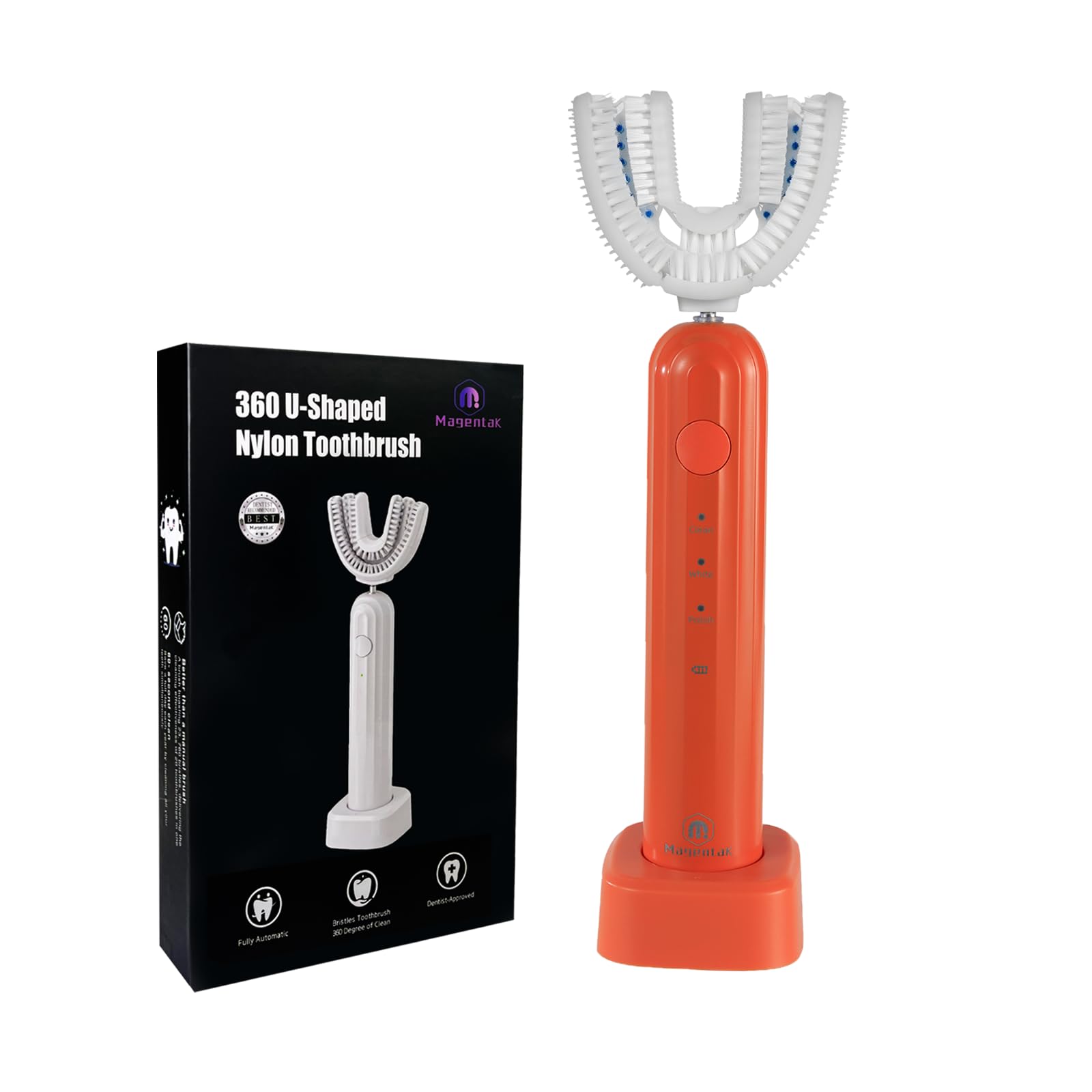 Magentak Ultrasonic U Shaped Toothbrush for Adults, Electric Toothbrush for 360-degree Cleaning with Wireless Charging, Waterproof IPX7, 3 Modes for Teeth Whitening(Orange)