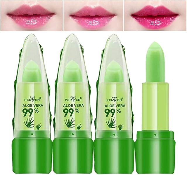 Btspring 3 Pack Aloe Vera Lip Balm, Moisturizing Lipstick Temperature Color Change Lip Gloss Long Lasting Nutritious Aloe Vera Lip Plumper Set (Green)