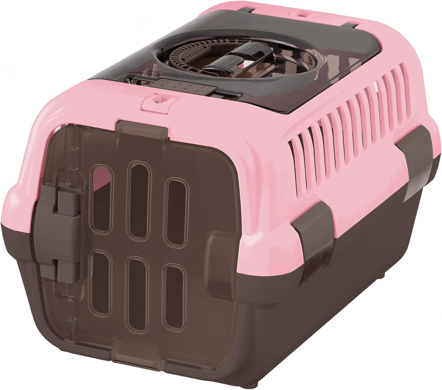 Richell: Double Door Pet Carrier II - Small Pink - Dog & Cat Transporter, Collapsible, Clear Top & Front Doors, Pets Up to 11 lb, Latches to Seat Belt