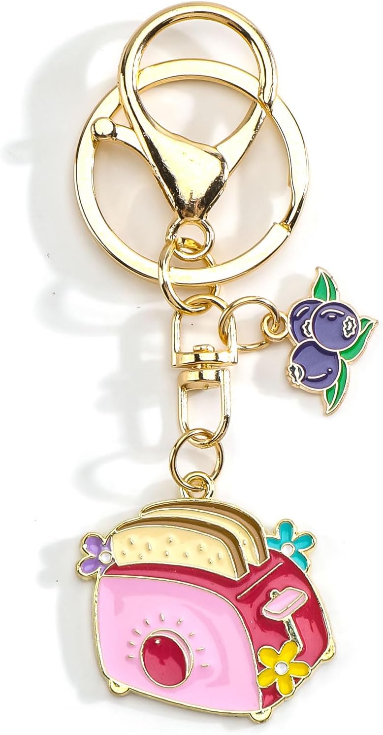 Food Keychain Pink Toaster Keychain with Blueberry Charm Pink Bag Charm for Women Friends Mom Birthday Christmas