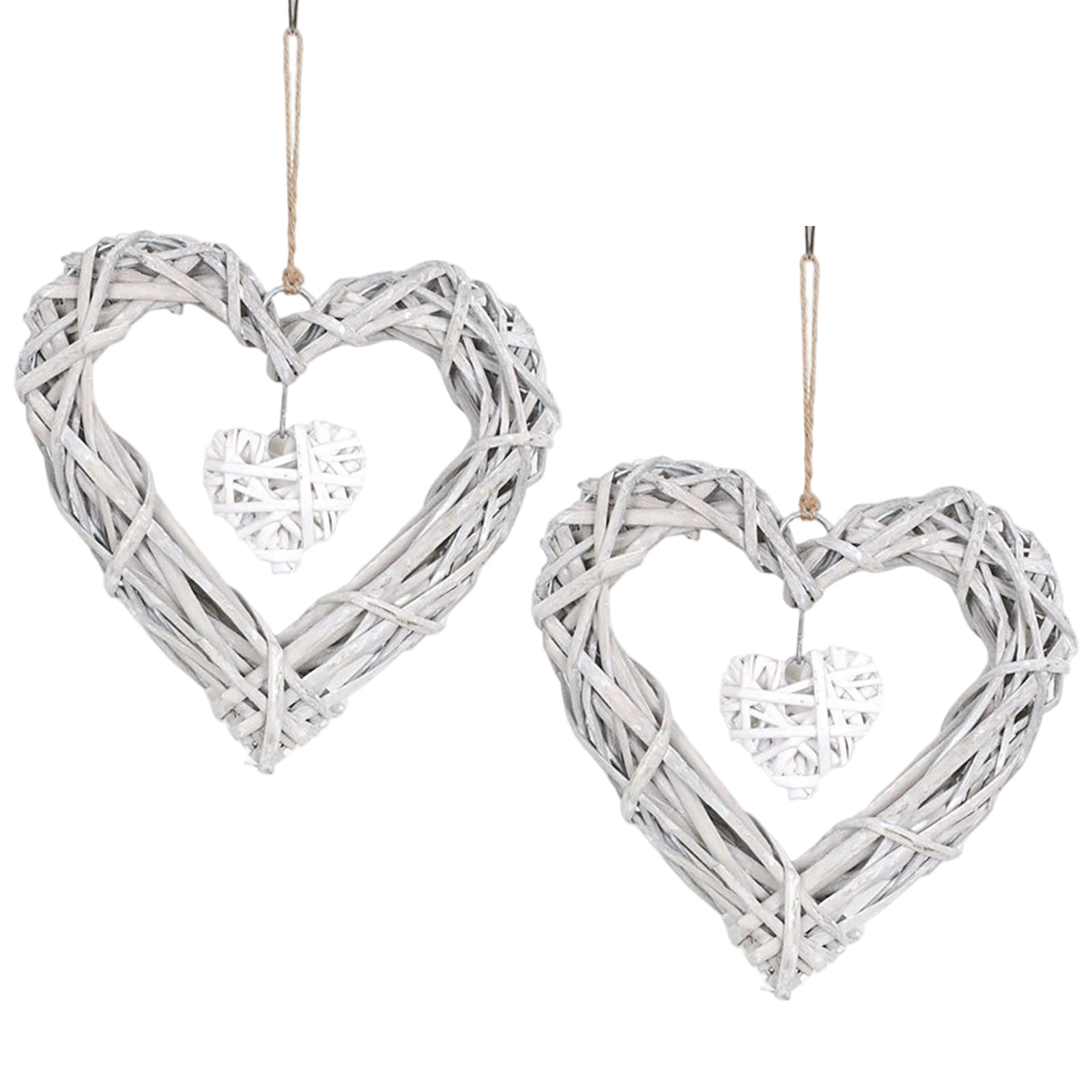 Nassmosse Grey 2Pcs Wicker Heart Wreath Hanging Rattan Decoration For Wedding Party Home Bedroom
