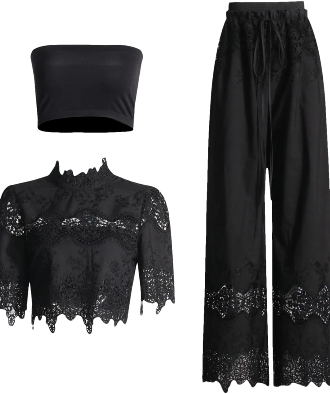 Alloaone Solid Two Piece Set For Women O Neck Short Sleeve Top High Waist Wide Leg Pant Lace Sets