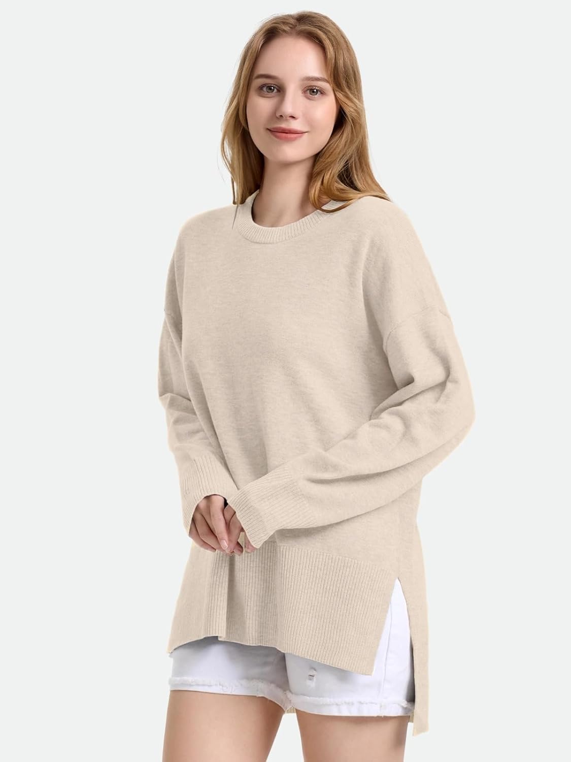 ZANZEA Women's Fall Sweaters 2025 Oversized Loose Long Sleeve Crew Neck Side Slit Dressy Knit Casual Pullover Tops - Image 3