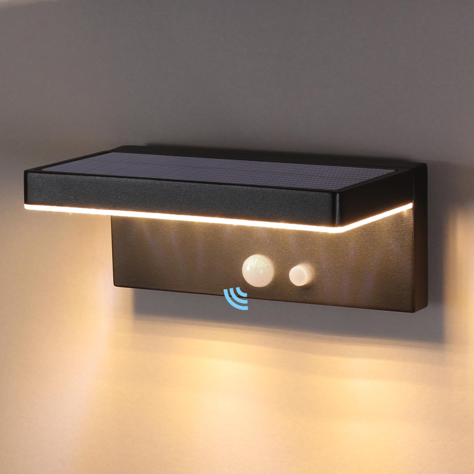 DAWALIGHT Luce Solare da Esterno con Sensore di Movimento 3 Modalità Lampade Solari Impermeabile IP44 Faretti Solari a LED da Esterno per Esterni Giardino Garage Strada Patio Parete, Alluminio, Nero