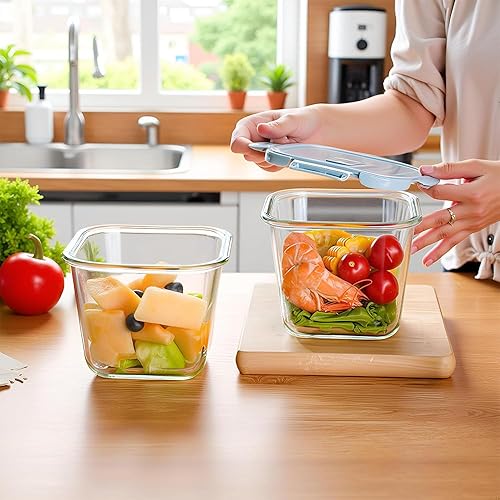 Miniatura 7 de Recipiente cuadrado de vidrio para almacenar alimentos de 4 tazas con tapas, recipiente cuadrado de vidrio para sopa con tapas herméticas, cuencos