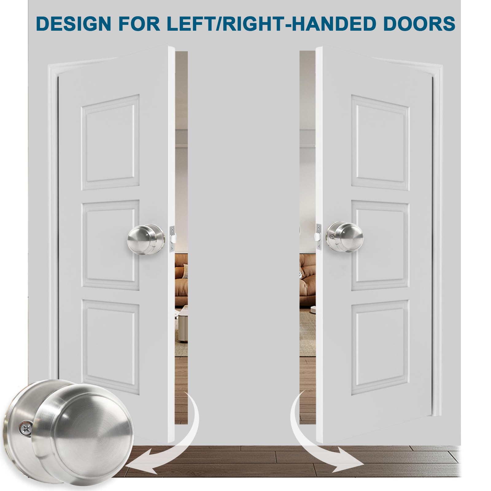 RAZCC Pomos de puerta de paso, paquete de 5 pomos de puerta de níquel satinado, para pasillo y armario, sin bloqueo, manijas interiores redondas sin llave, reversibles para puertas zurdas y derechas