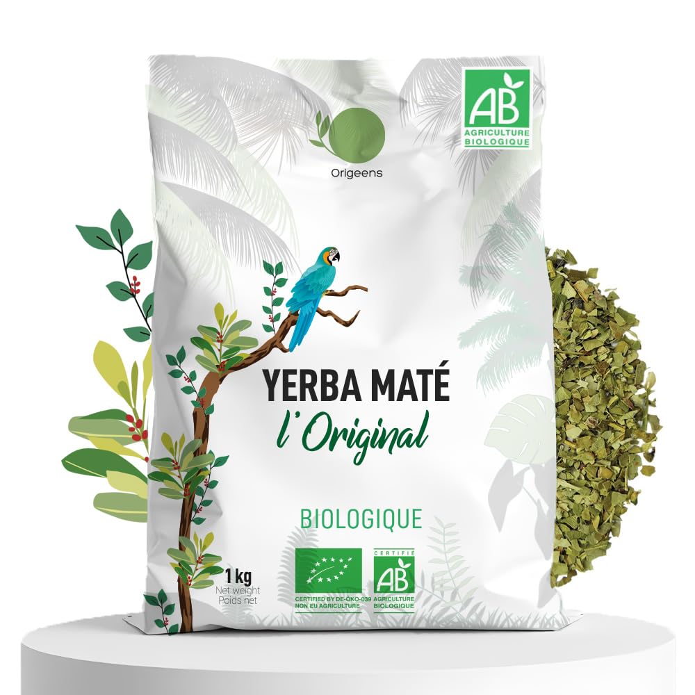 ORIGEENS YERBA MATE BIO 1KG L'Original - Yerba Maté Vert Non Fumé, Récolté à la main - Feuilles, Sans Tige, 0 Poussière - Boisson Energie et Detox