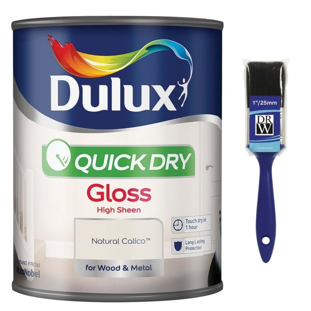 Natural Calico Quick Dry Gloss Paint 750ml+ 1" Paint Brush | Interior Wood and Metal Paint | High Shine Durable Finish | Fast Drying Trim Paint for Doors Skirting Boards Radiators and Furniture