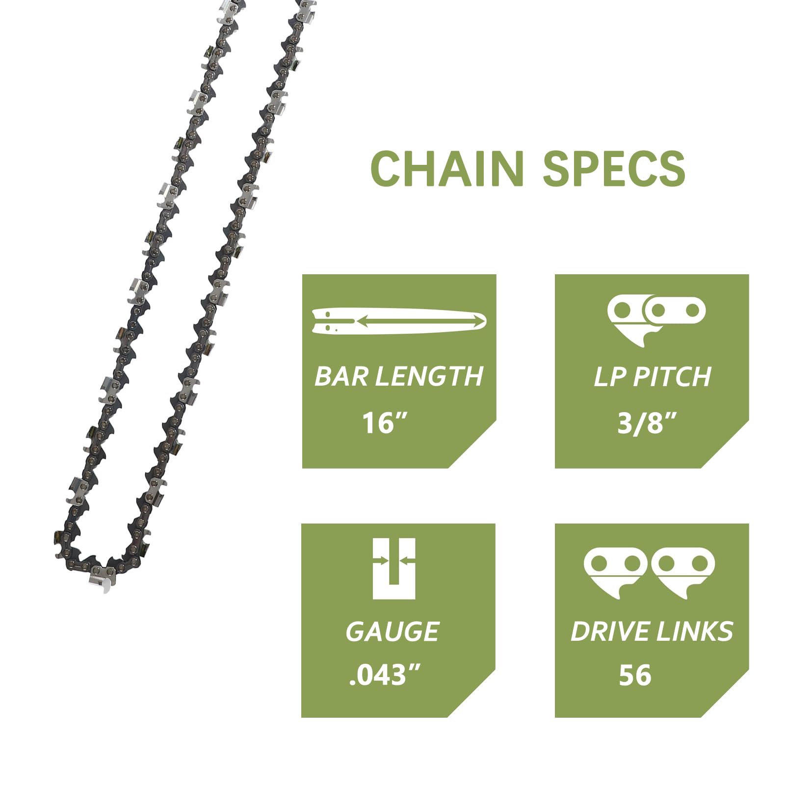 5 Pack Chainsaw Chain 16 Inch 3/8" LP Pitch .043" Gauge 56 Drive Links — Amazon image 2
