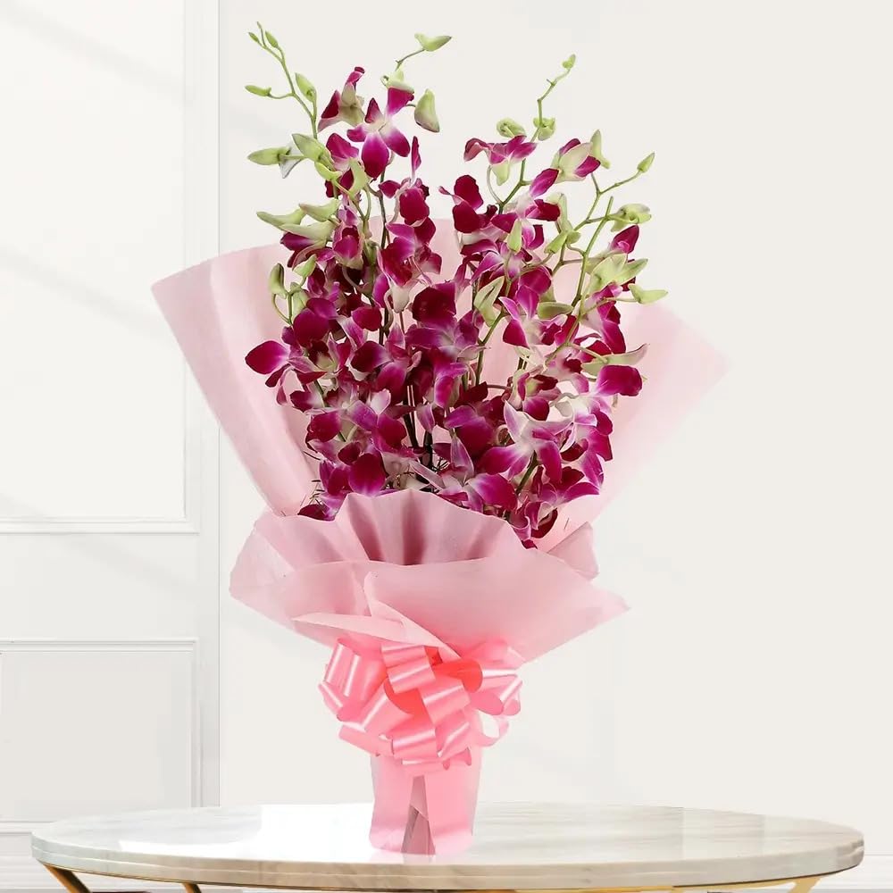 IFG's Bouquet of 7 Purple Orchids in Pink Paper Wrapping. | Send it on Birthday, Marriage Anniversary, Mother's Day, Valentine's Day, Congratulations & Retirement. India-wide Delivery in 4 hrs-picture-25