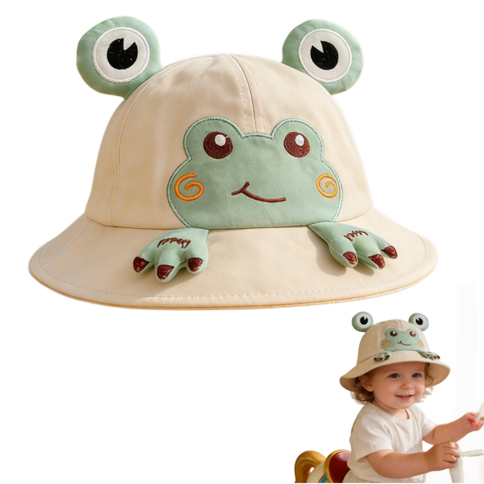 HUANYO Baby Fun Frog Bucket Hat, 3-24 Months Infant Toddler Reversible Sun Hat with Wide Brim - Cute Animal Face Unisex Kids Summer Beach Cap Green