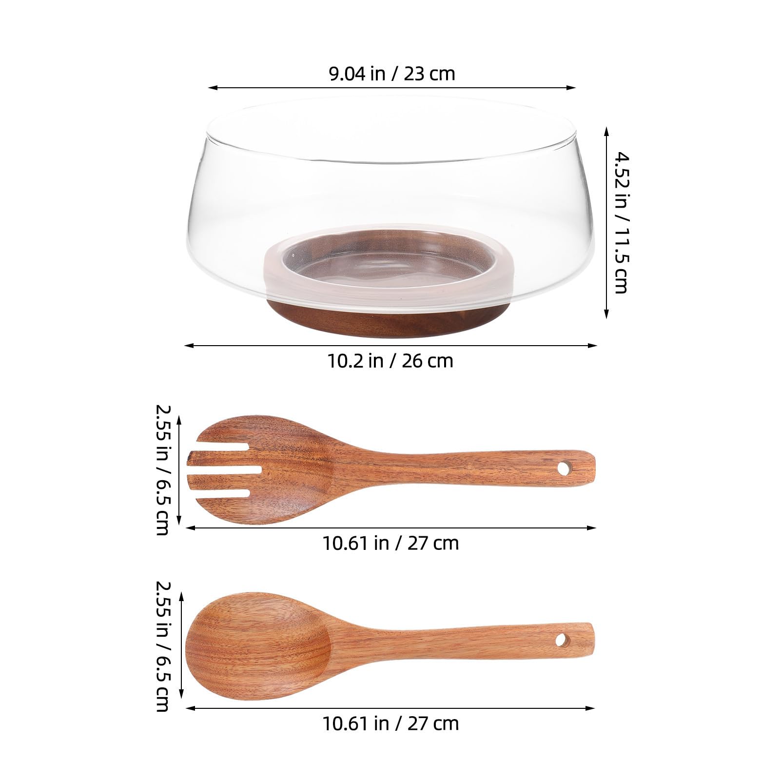 Bol de Ensalada de Vidrio con Base de Madera de Acacia Redondo para Presentación Clara y Protección contra Condensación, Adecuado para Cocinas Compactas y Fiestas