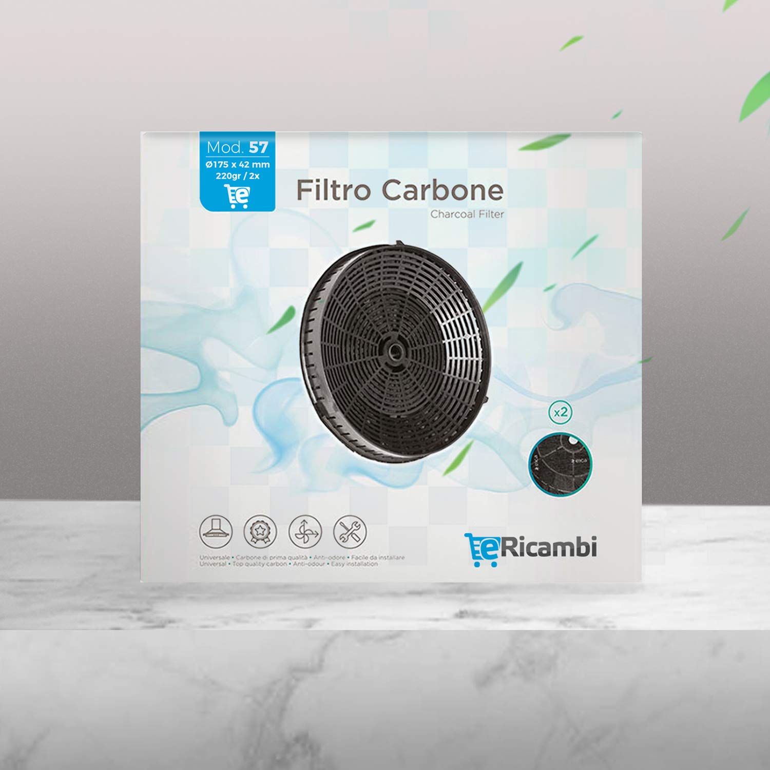 eRicambi, Filtro Cappa a Carboni Attivi, Modello 57, Confezione 2 Pezzi, 180 x 38 mm, KIT0161388 - CFC0038668 - CFC0140343, per Modelli: Acuta, Amelie, Box In, Made In Italy