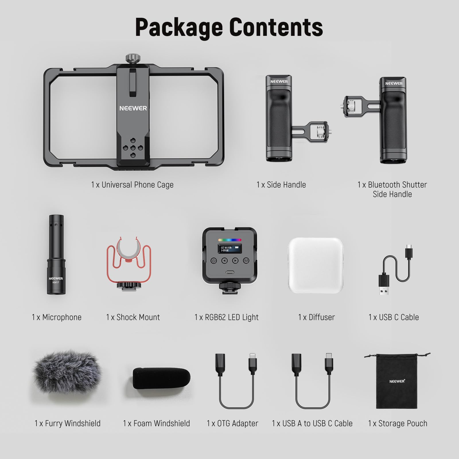 NEEWER Kit di Illuminazione Rig Video Stabilizzatore Gabbia Telefono Universale con Maniglia Laterale, Luce Video LED RGB, Microfono USB C Compatibile con iPhone 16 Pro Max 15 Pro Max S24 Ultra,PA009E
