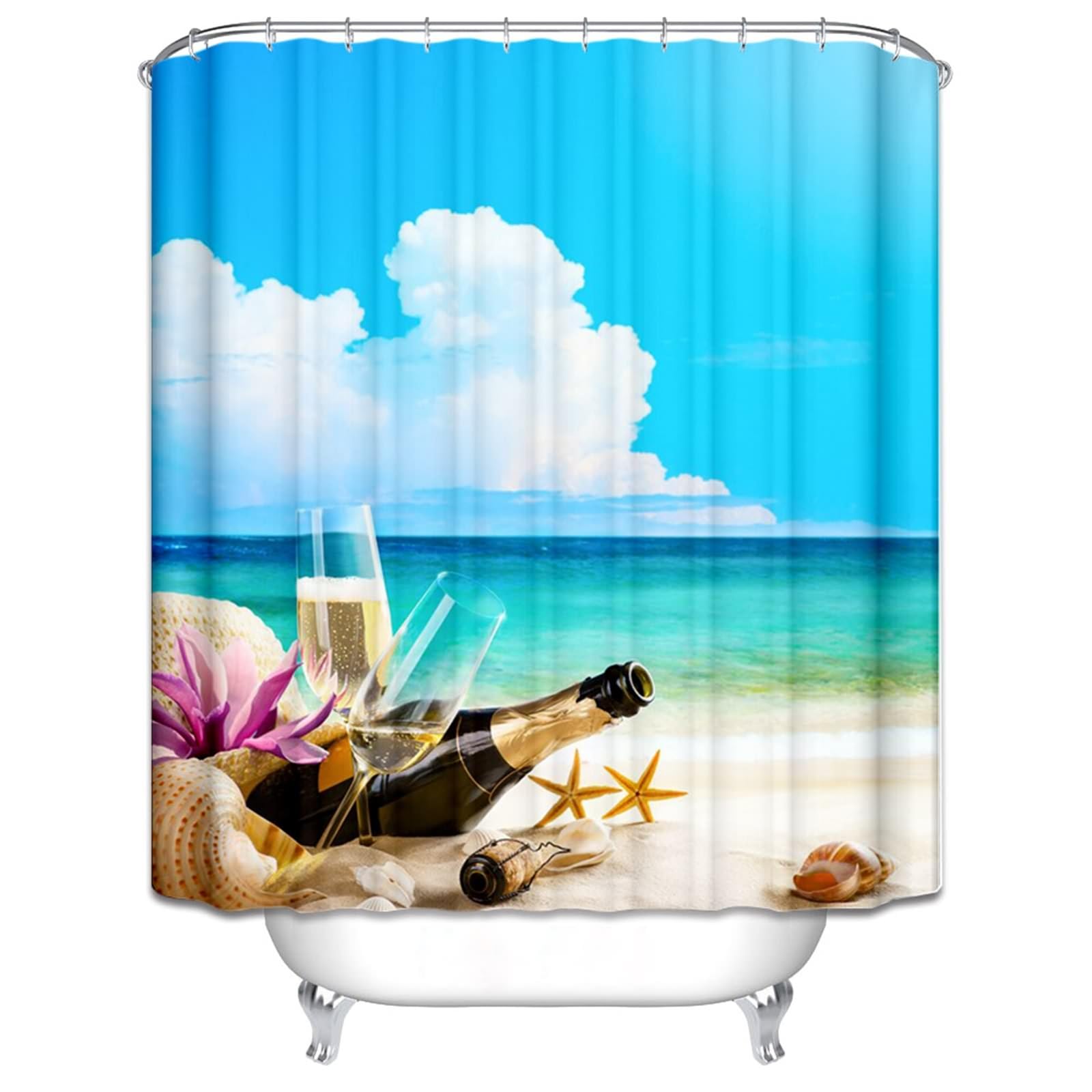 Rideau de douche bleu 150x180 cm en polyester lavable motif étoile de mer pour salle de bain