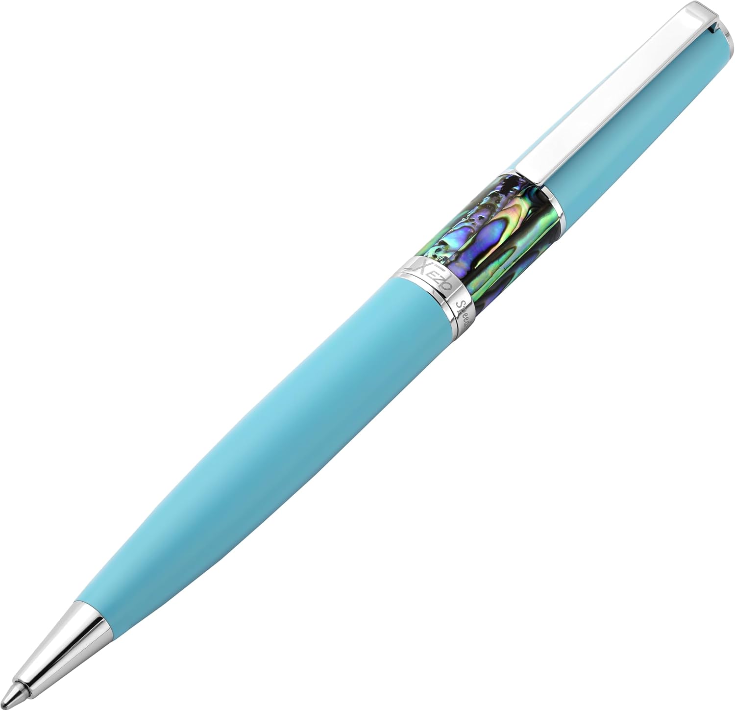 Xezo Speed Master Twist Action Medium Ballpoint Pen. Matte Sky Blue with Pāua Abalone Sea Shell. Chrome Plated. Lightweight Brass Body. No Two Alike. Etched With a Serial Number