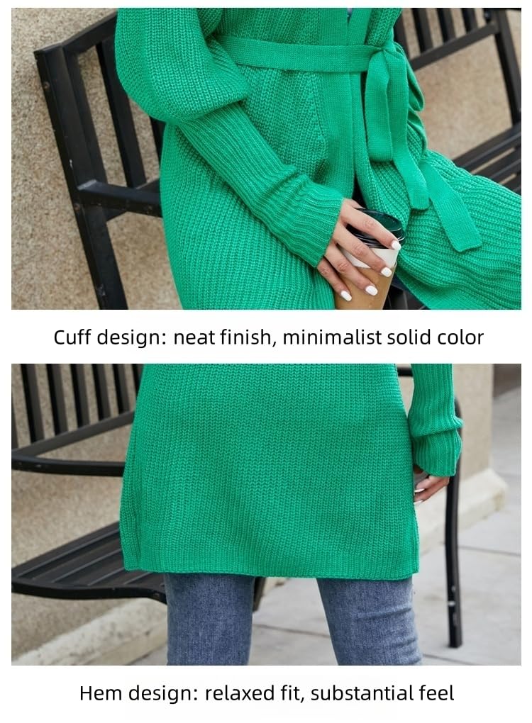 Jersey Largo de Punta de Punto de Punta Abierto para Mujer con Cinturón Ajustable, Manga Globo y Corte Suelto, Prenda Exterior de Punto para Otoño E Invierno