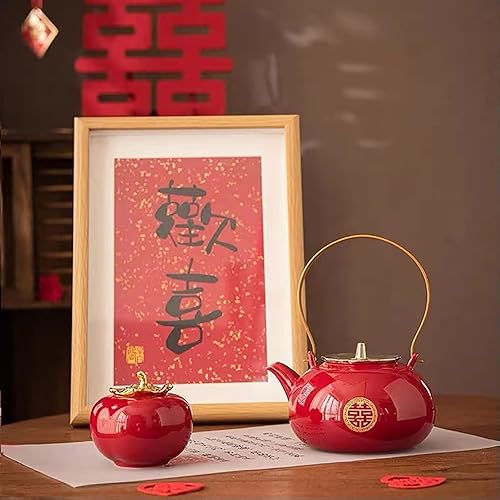 Miniatura 3 de Juego de té chino de Kung Fu Tetera Doble Felicidad Porcelana Red Boda Juego de Tetera Tetera, Suministros de Decoración de Boda Tradicional China,