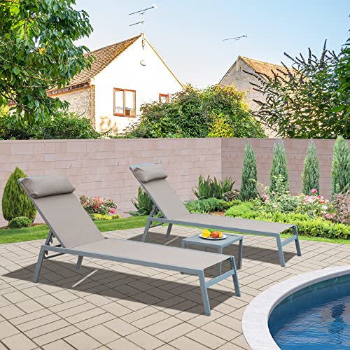 Domi Patio Chaise Lounge Set of 3, Aluminum Lounge Chairs