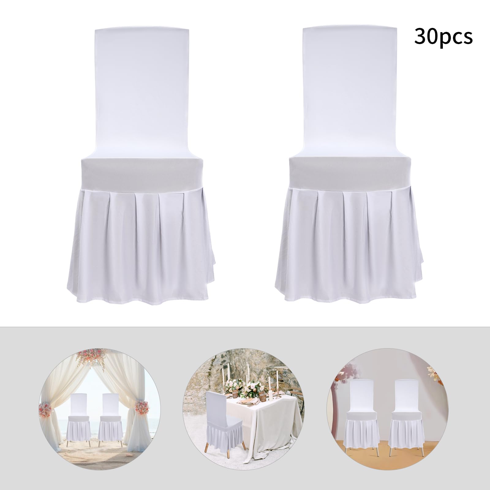 Coprisedia per Sedia con Gonna in Tessuto Elasticizzato 30 Pezzi, Fodera per Sedie da Sposa con Arricciatura, Coprisedie Lavabili per Banchetti, Ricevimenti, Ristoranti e Cerimonie, Bianco