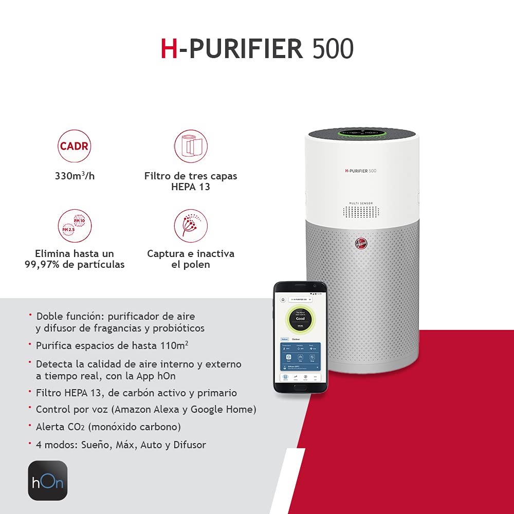 Hoover H-PURIFIER 500 - HHP50CA - Purificador de aire inteligente,Difusor esencias y probióticos, Multisensores, Wi-Fi, Filtro tres capas (hepa 13),Inactivación polen, Alertas CO, CADR 330m3/h, Blanco
