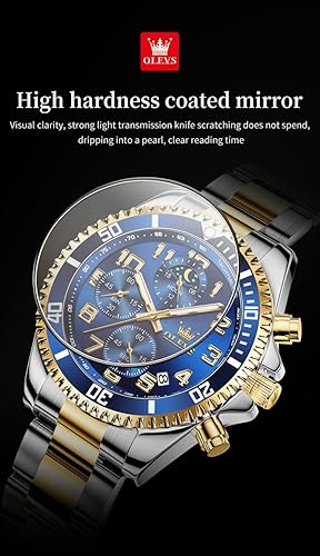 Miniatura 4 de OLEVS Relojes para hombre de lujo con cronógrafo, elegantes, con fases lunares, de dos tonos, de acero inoxidable, impermeables, luminosos, con