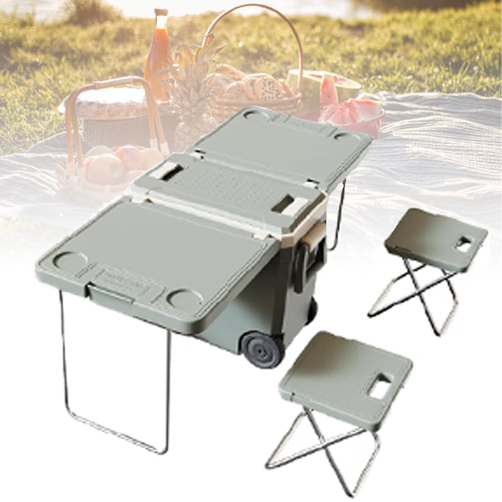 Dispositivo di Raffreddamento Multifunzione, Scatola Isolante per conservazione e refrigerazione, Tavolo Pieghevole aggiornato e 2 sedie per Picnic, Campeggio, Carrello Pieghevole su Ruote, B
